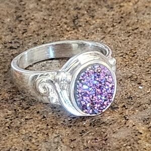 Dazzling Sterling Silver Sajen Druzy Quartz Purple Glitter Ring Sz 6.5 Jewelry